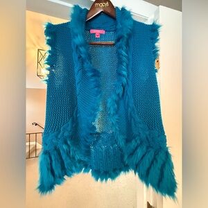 Lilly Pulitzer Torini Faux Fur Sweater Vest Teal Bay